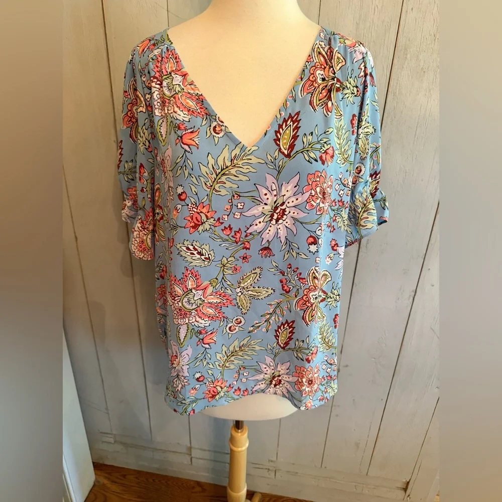 LOFT Women’s Blue Multi Garden V-Neck Puff Short Sleeve Top‎ Blouse Sz-Small